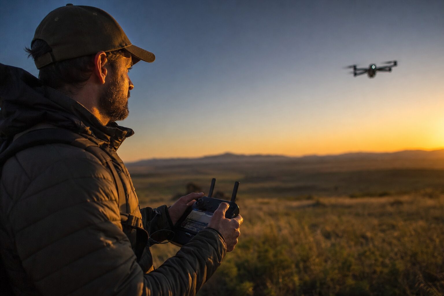 Drone pilot operating a UAS controller in the field at golden hour
