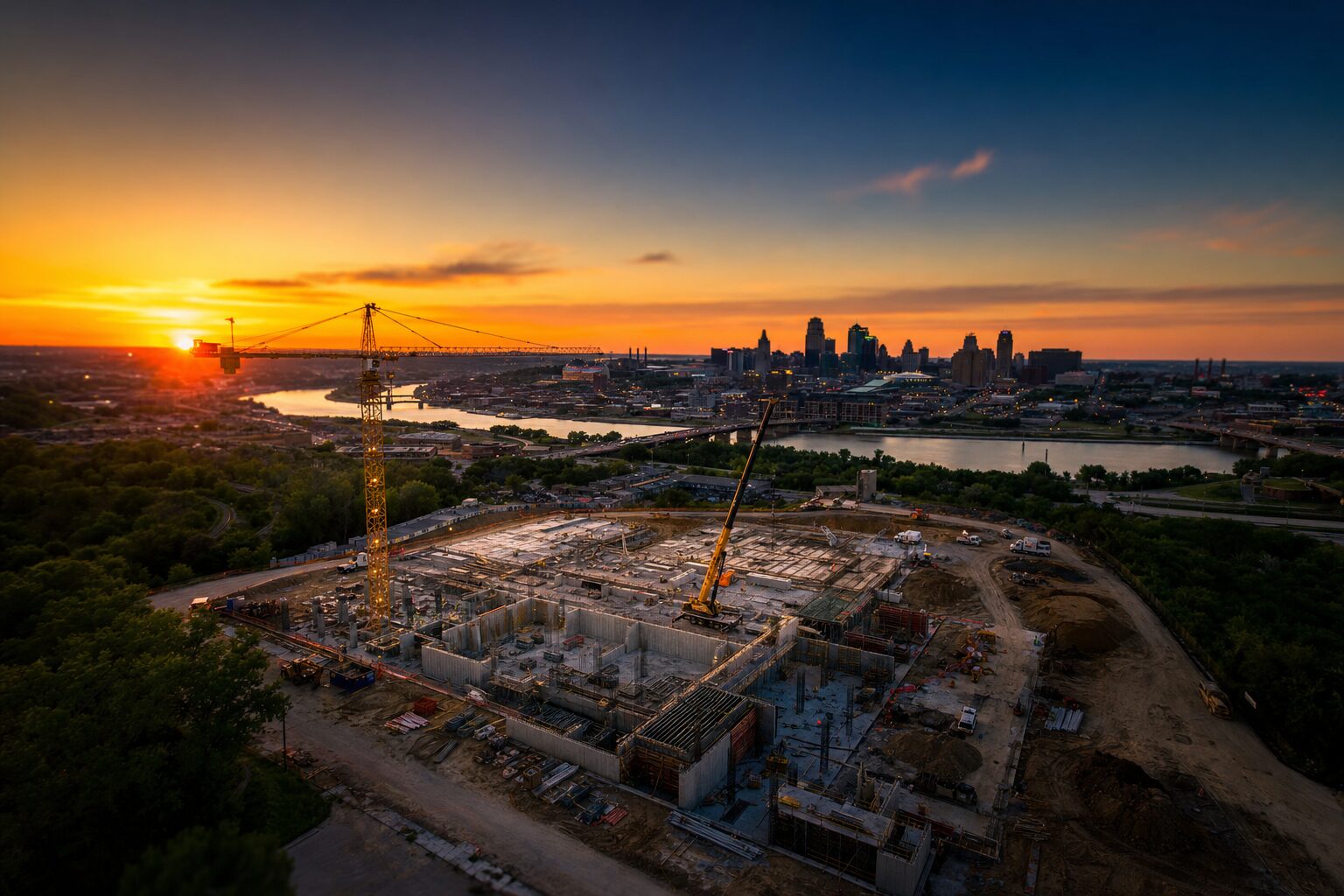Aerial drone view of Kansas City construction site at golden hour with downtown skyline in the distance