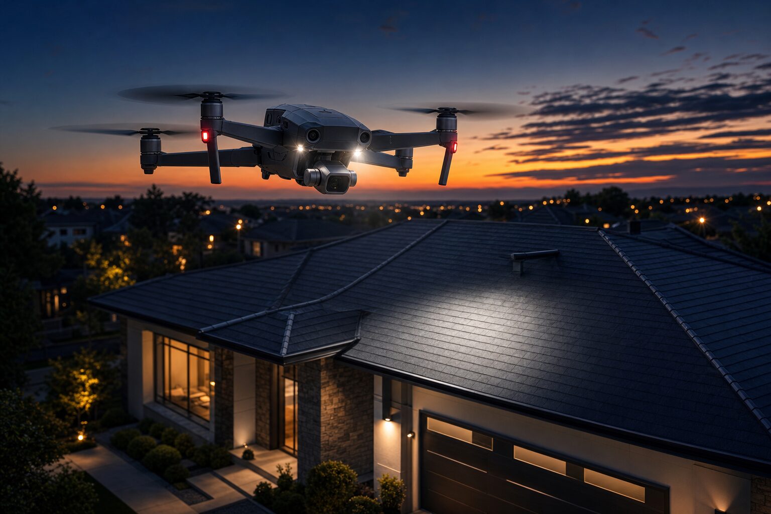 Professional drone hovering over residential roof at dusk for inspection