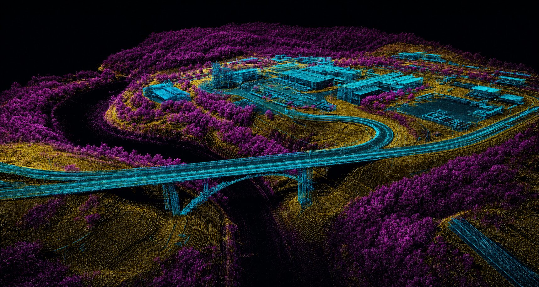 Classified LiDAR point cloud showing terrain, infrastructure, and vegetation