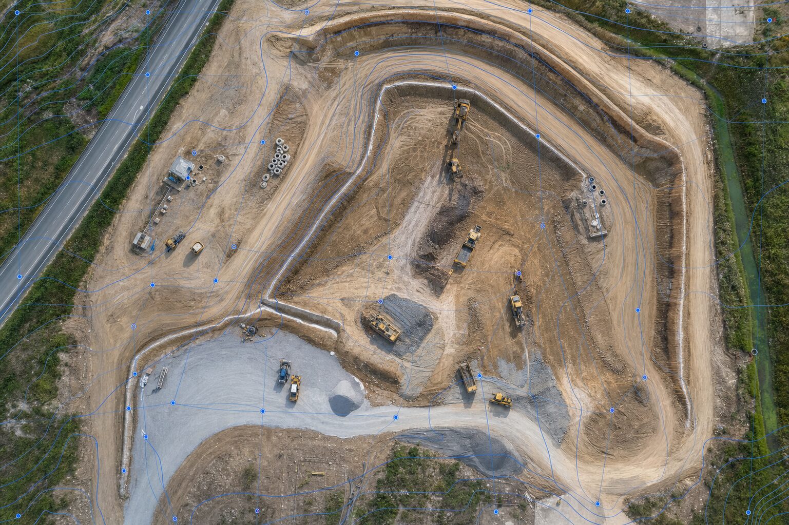Top-down orthomosaic map of construction site with contour overlays