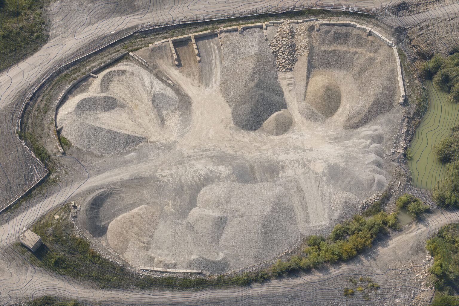 Aerial view of aggregate stockpiles at industrial site with technical contour overlay